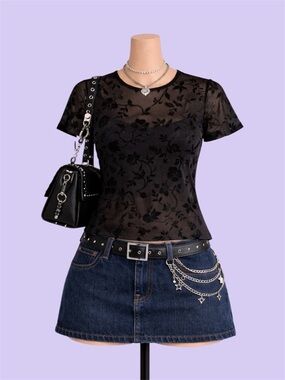 Vintage Y2K Basic Equipment Black Velvet Floral Semi-Sheer Top Size M Whimsygoth
